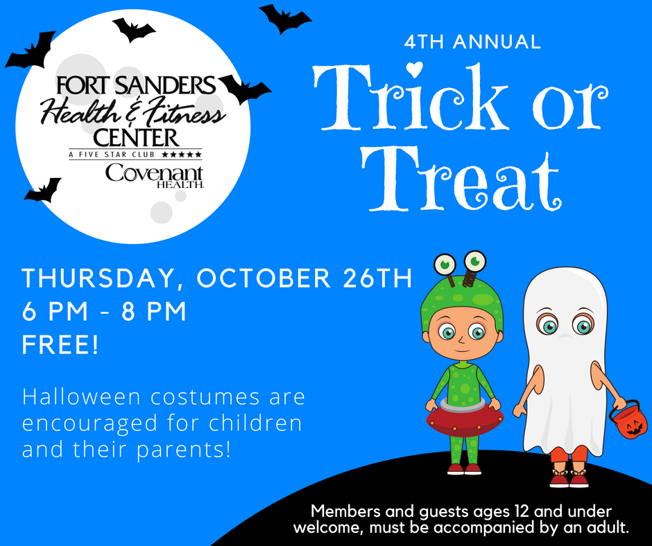 trick or treat flyer with cartoon image of two kids wearing halloween costumes - one ghost and one alien - with full moon and bats flying